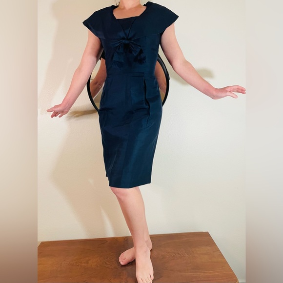 1950’s Vintage Peck & Peck blue sharkskin wiggle cocktail dress Small 26w VLV - Picture 2 of 15